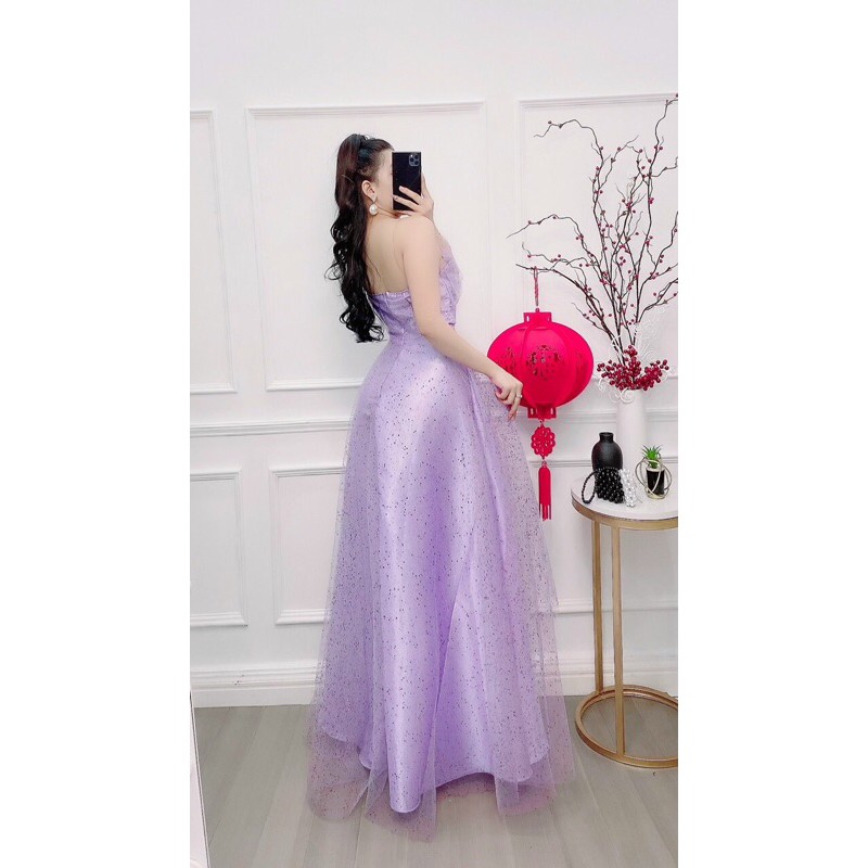 đầm kim tuyến cúp 2 tầng chéo dài