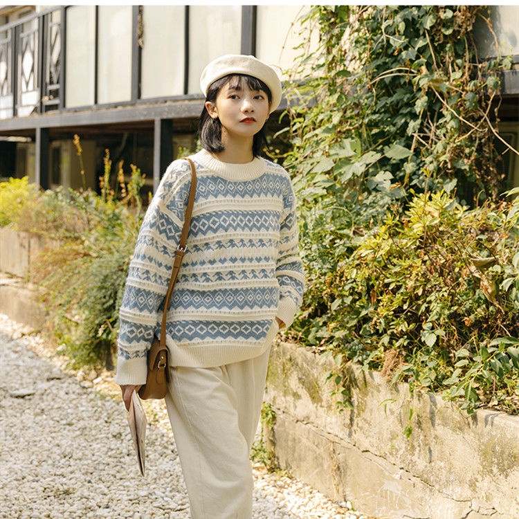 Áo sweater tay dài cổ tròn dáng rộng thời trang xinh xắn cho nữ