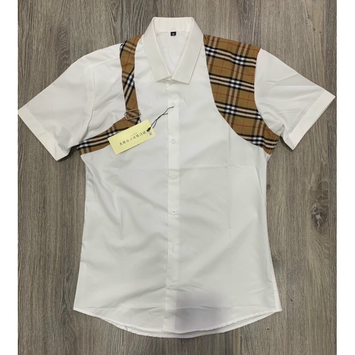 Áo sơmi cộc tay Mcqueen pha vai kẻ đỏ vàng hot 2021