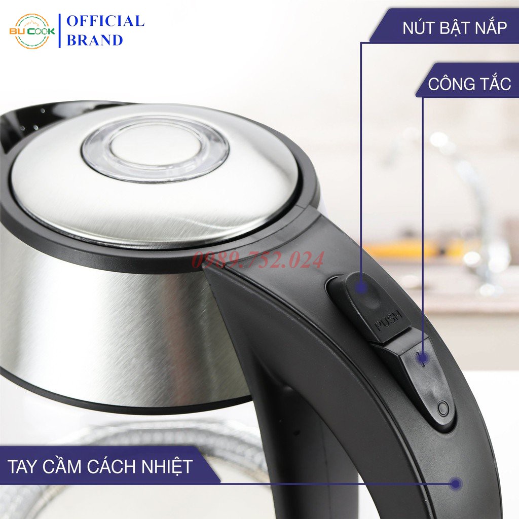 Ấm siêu tốc bình siêu tốc, ấm đun nước thủy tinh cao cấp BUCOOK BNP0521 1.8L