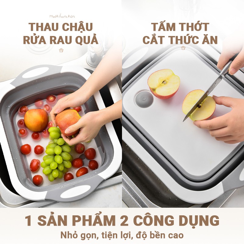 Thau chậu kèm thớt 2 trong 1, có thể gập lại làm tấm thớt, mở rộng ra sẽ thành thau chậu rửa rau quả, chất liệu cao cấp