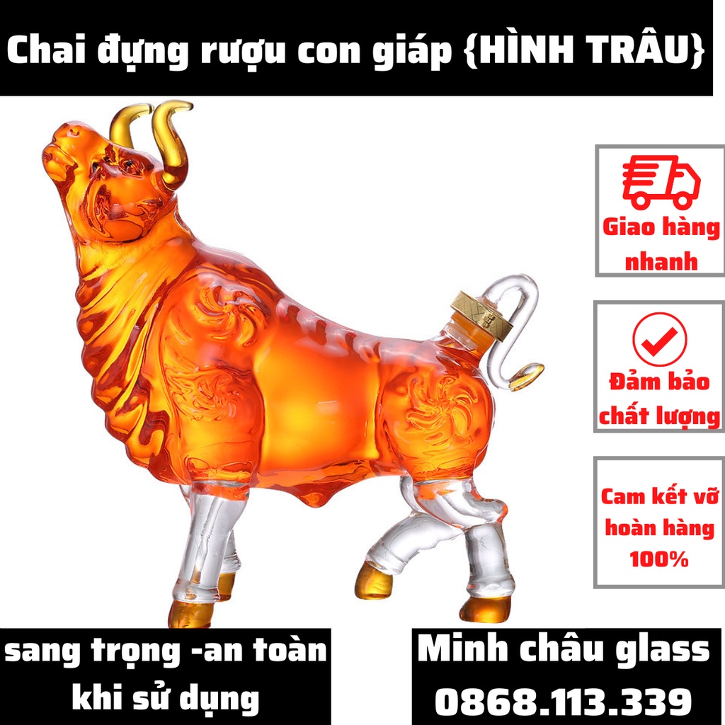 Bình thủy tinh đựng rượu 1000ml cao cấp 12 con giáp mẫu con trâu {SỬU} vỏ chai đựng rượu cao cấp dùng lamg quà ý nghĩa