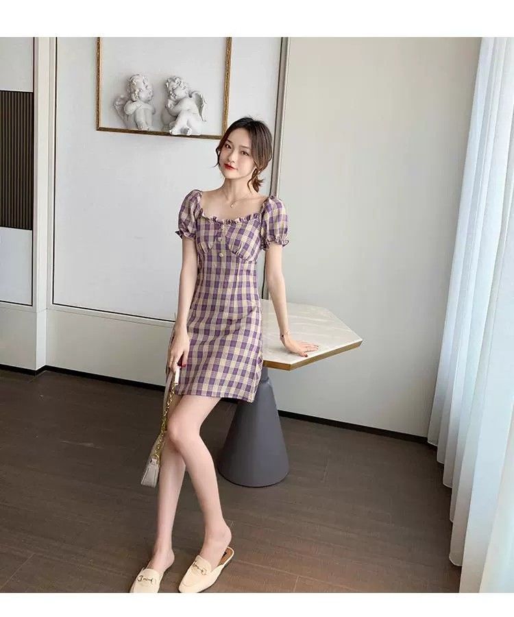Đầm trễ vai họa tiết sọc caro phong cách Hàn Quốc thời trang mùa hè cho nữ