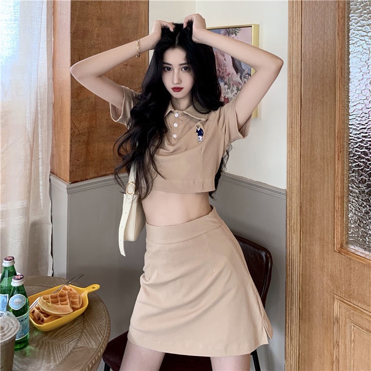 COZOKC COZOK Bộ áo thun ngắn tay + chân váy COZOK lưng cao thời trang xinh xắn đáng yêu cho nữ