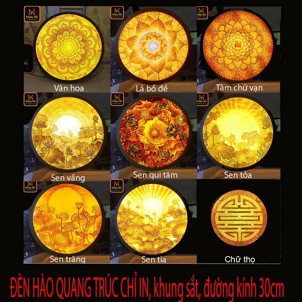 Đẹp - HÀO QUANG PHẬT, in tranh trúc chỉ đường kính 30cm, khung sắt - đèn treo ban thờ, tượng thờ phật - cho bàn thờ đẹp