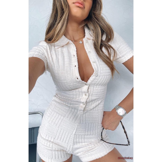 Áo liền quần Ngắn Tay Màu Trơn Họa Tiết Kẻ Sọc Màu Sắc Thời Trang Cho Nữ