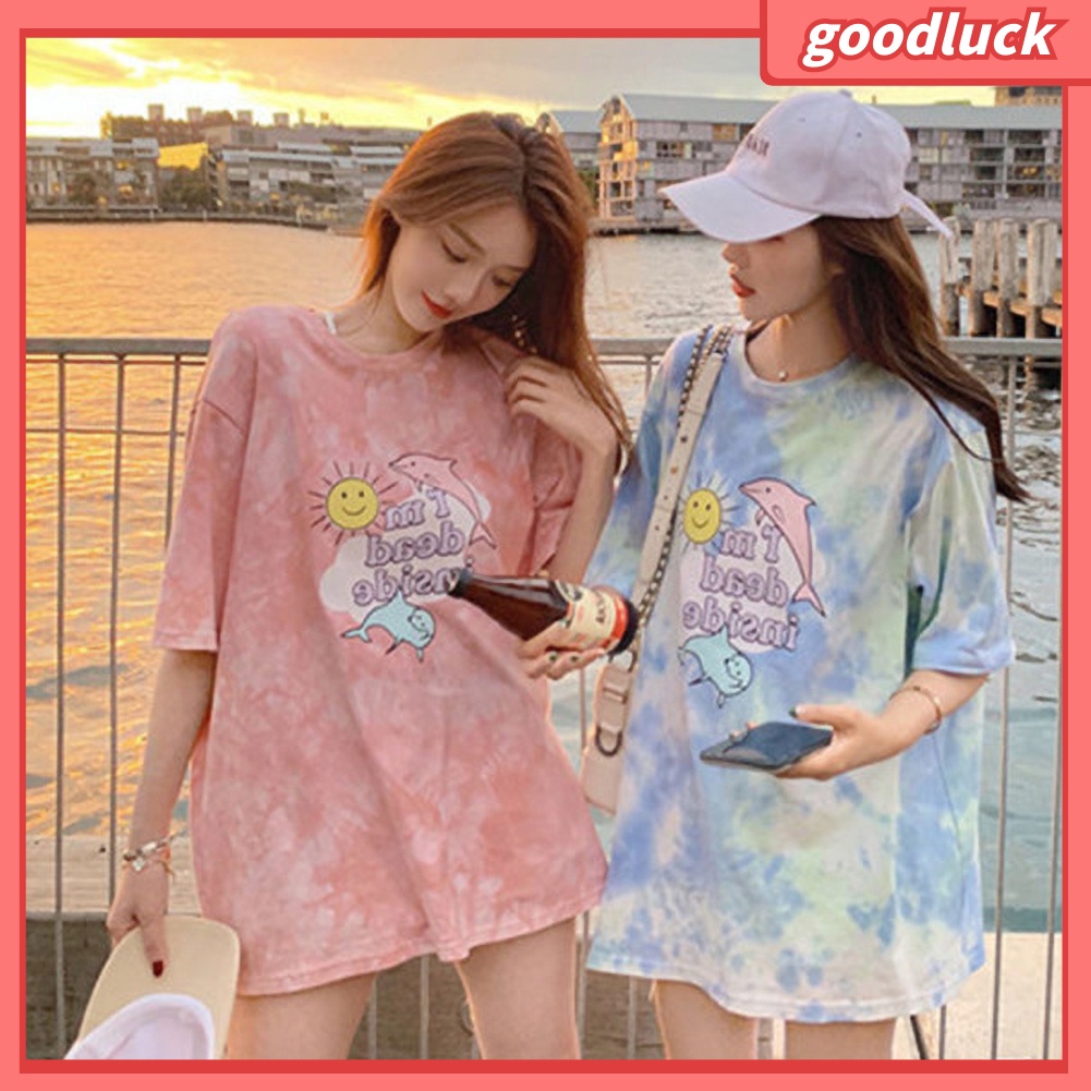 Áo thun tay ngắn nữ Cổ Tròn Tay Ngắn Phối Màu In Hoa