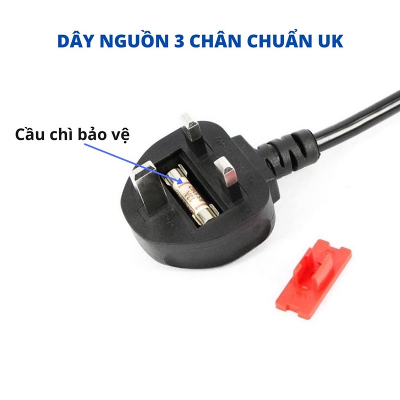 Dây nguồn 3 chân C13 chuẩn UK dài 1.8m có cầu chì và chân tiếp mát