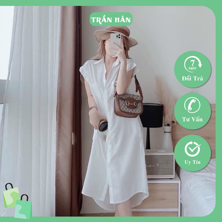 Váy sơ mi nữ có 2 túi trước dáng suông cá tính mang đi chơi dao phố siêu xinhI Trần Hân Shop 3007307