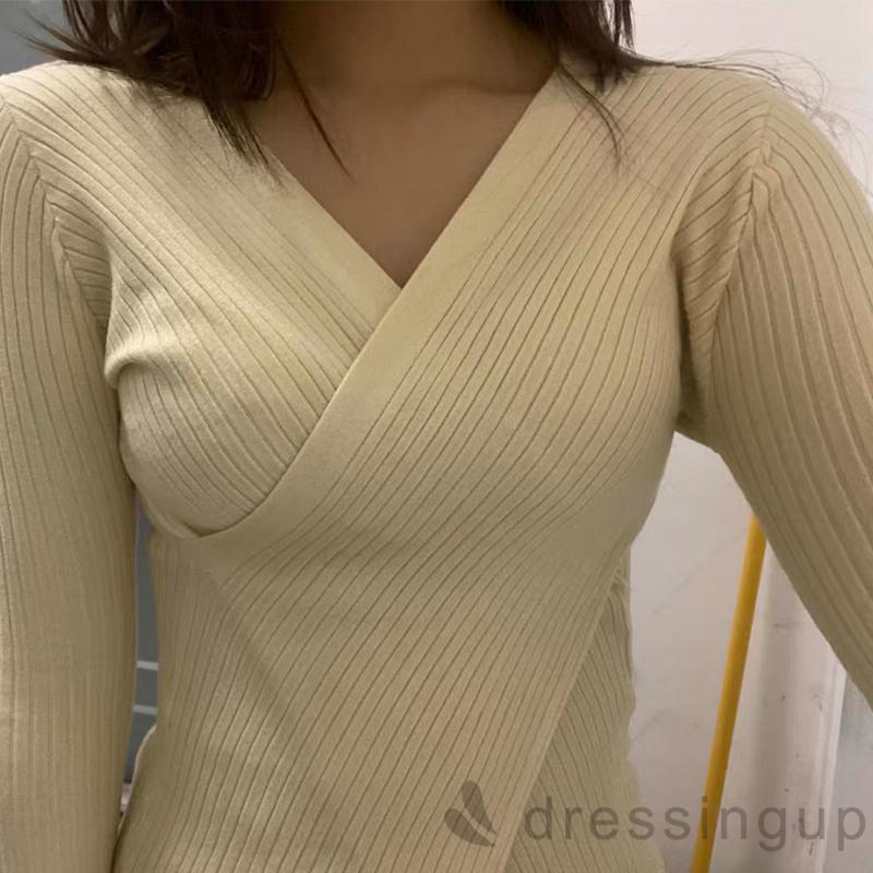 Áo dệt kim tay dài cổ chữ V màu trơn thời trang cho nữ