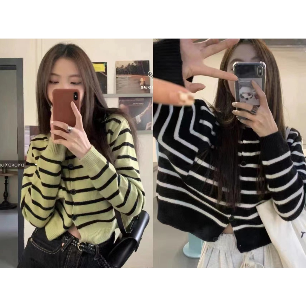 Áo Khoác cardigan Dệt Kim Tay Dài Dáng Rộng Họa Tiết Kẻ Sọc Thời Trang Mùa Thu Cho Nữ