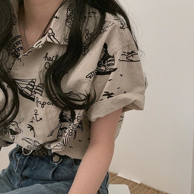 Áo Sơ Mi Ngắn Tay In Họa Tiết Retro Pháp Độc Đáo Cho Nữ HZFWC4629