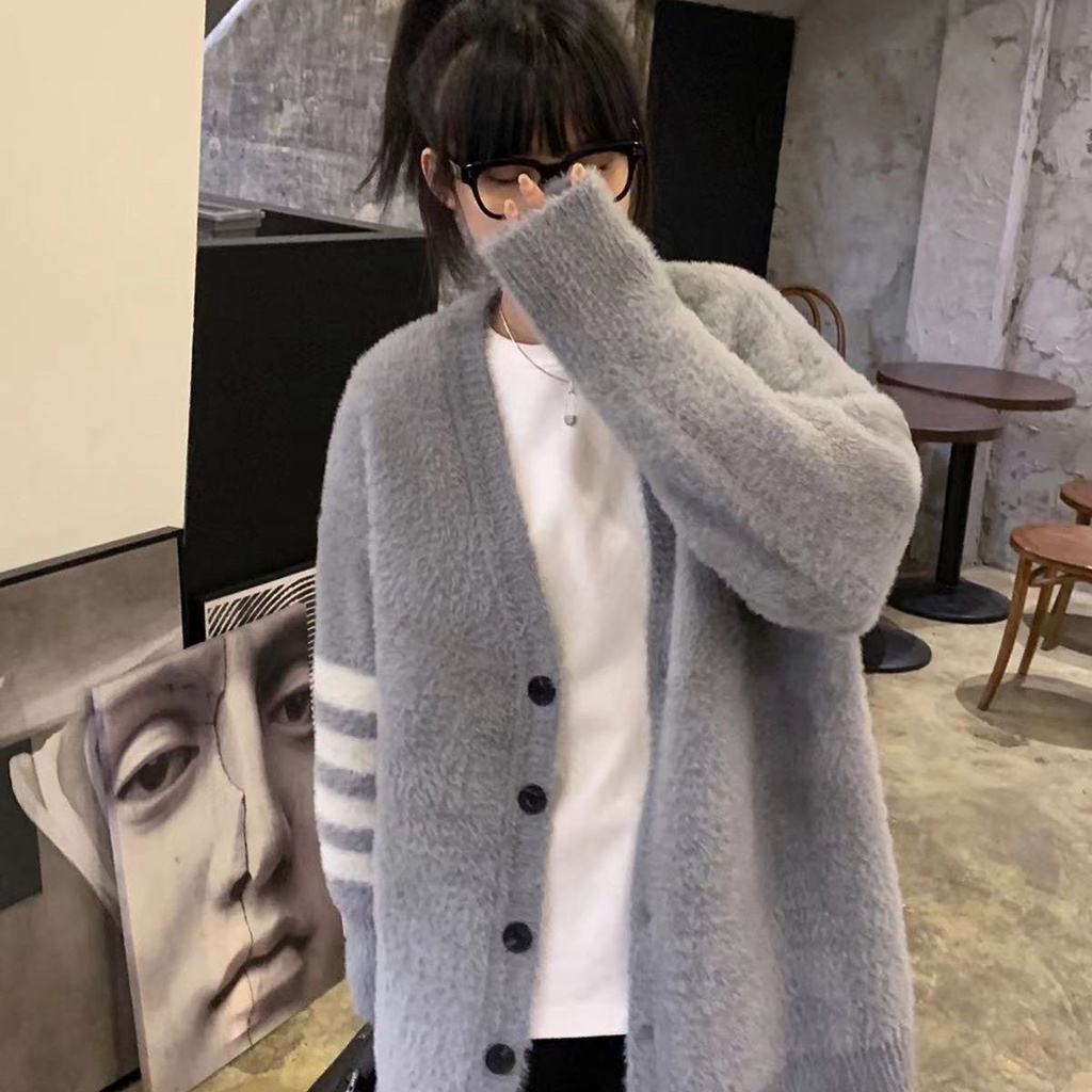 Áo Khoác Len Cardigan Dáng Rộng Họa Tiết Kẻ Sọc Thời Trang Thu Đông Cho Nữ