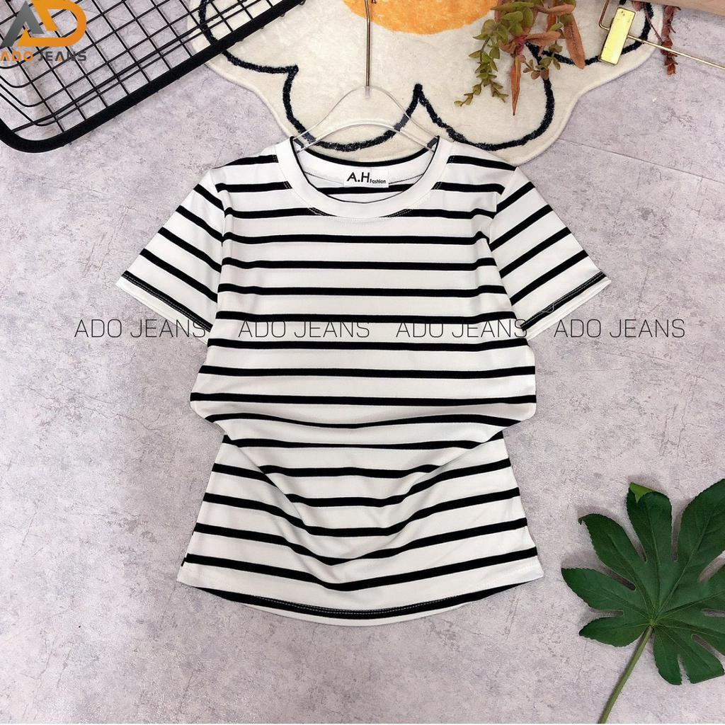 Áo thun nữ ADO JEANS cổ tròn tay ngắn, kẻ sọc ngang dáng ôm nhẹ, vải Cotton co dãn mềm mịn cao cấp