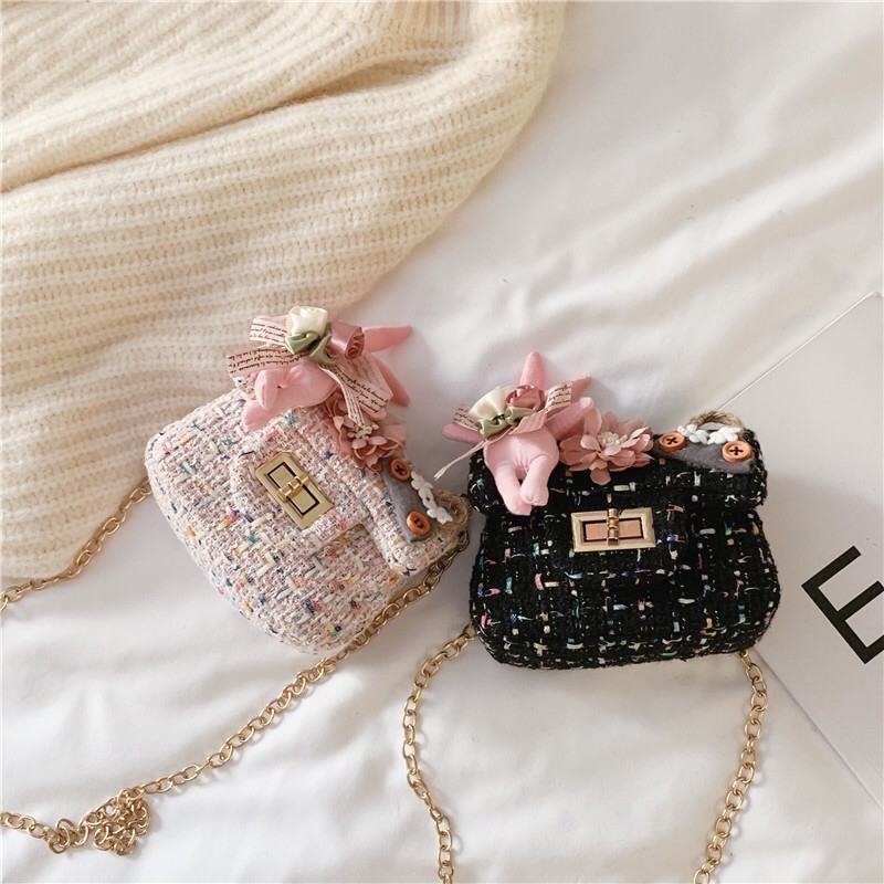 Túi xách dạ đính hoa nơ thời trang cao cấp cho bé