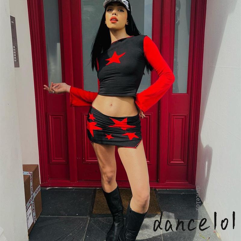 Set Áo Croptop + Chân Váy Xẻ Tà In Họa Tiết Ngôi Sao Thời Trang Cho Nữ 1O1-Grunge 2000s