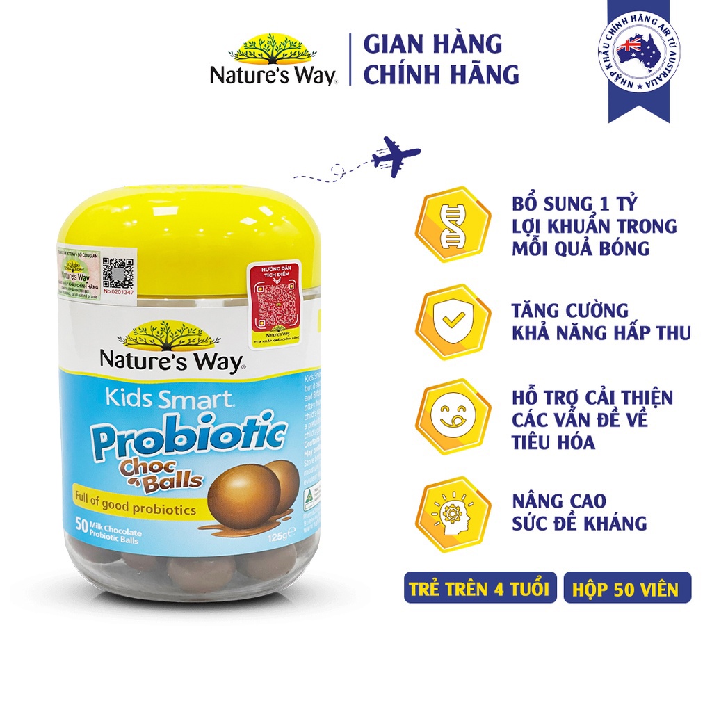 Kẹo Dẻo Cho Bé Nature's Way Kids Smart Probiotic Choc Balls Lợi Khuẩn Tốt Cho Hệ Tiêu Hoá 50 Viên