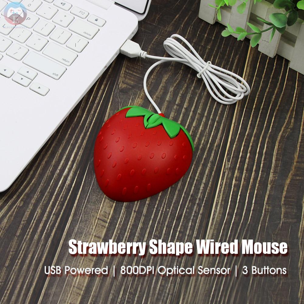 Ê Mini Strawberry Shape Wired Mouse Cute Laptop Mouse 800 DPI Optical Sensor/3 Buttons/Ergonomic Design/USB Powered Computer Mice for Windows PC Laptop Gamers Office/Home use