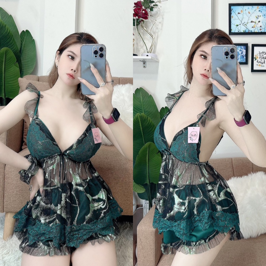 Đồ ngủ sexy 2 dây gợi cảm Linqustore, vải lưới phối ren có mút ngực quần satin mềm mát bigsize 40-70kg