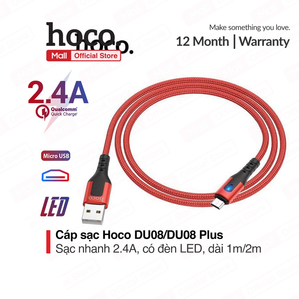 Cáp sạc Hoco DU08/DU08 Plus Micro USB, sạc nhanh 2.4A, dây bọc dù chống đứt, có đèn LED dài 1m/2m