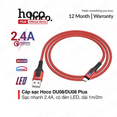 Cáp sạc Hoco DU08/DU08 Plus Micro USB, sạc nhanh 2.4A, dây bọc dù chống đứt, có đèn LED dài 1m/2m