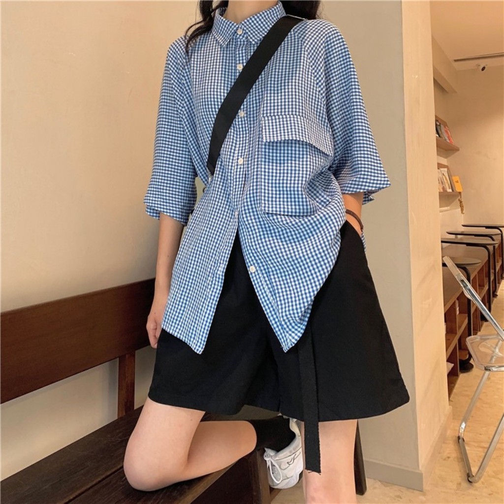 [Mã FAMAYMA2 giảm 10K đơn 50K] Áo sơ mi nữ tay ngắn unisex form rộng kẻ caro 1 túi 2 màu ,áo sơ mi nữ kẻ caro chất đẹp | BigBuy360 - bigbuy360.vn