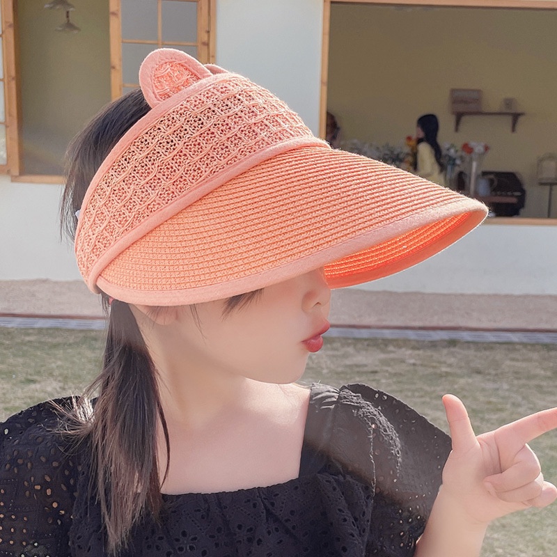 Mũ Cói Che Nắng Hở Chóp Thiết Kế Tai Thỏ Hoạt Hình Dễ Thương Dành Cho Bé 3-10 Tuổi