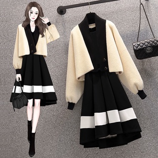 Set Áo Sweater Dệt Kim + Chân Váy Ôm Eo Màu Đen Thời Trang Mùa Đông 2022 Cho Nữ Có Size Lớn