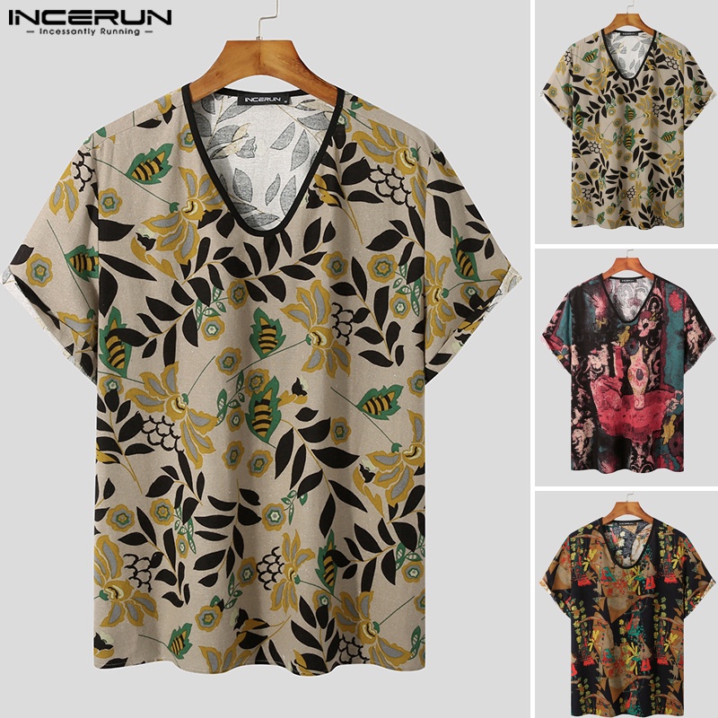Áo thun INCERUN cotton ngắn tay họa tiết hoa phong cách retro cho nam