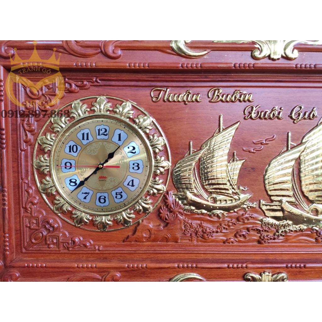 Tranh đồng hồ gỗ hương Thuận Buồm Xuôi Gió 108x48cm