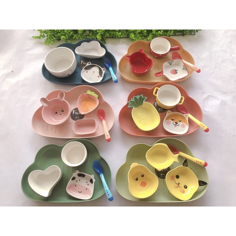 Tặng kèm thìa Bát sứ Bộ chén bát ăn dặm kèm khay mây