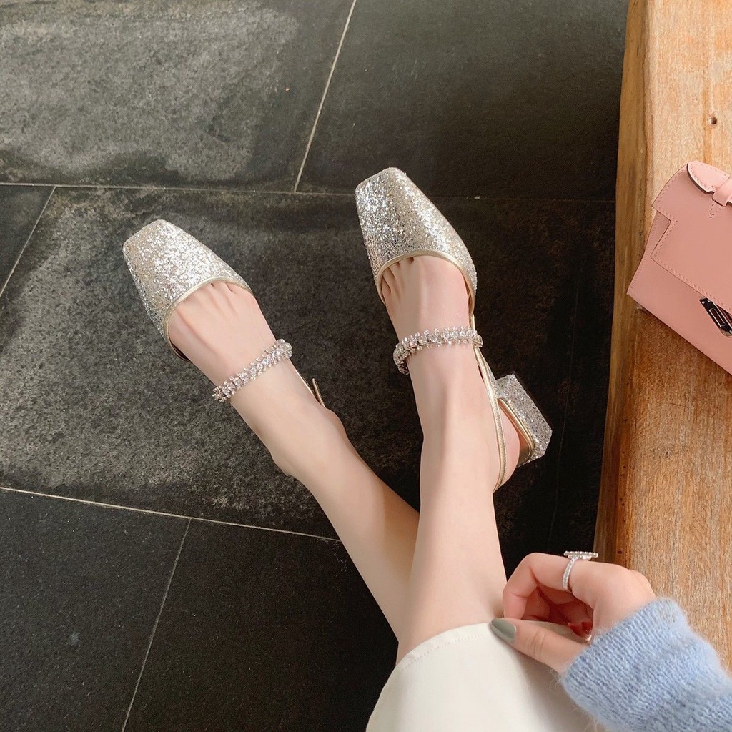 ✧☌[sheii Suii] Giày Xăng Đan Da Mềm Gót Vuông Đính Đá Hở Ngón Kiểu Mary Jane Cho Nữ