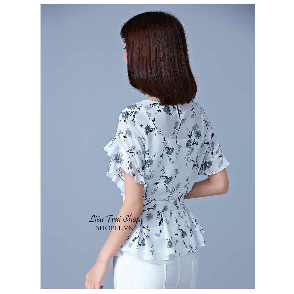 Hàng Nhập_Áo hoa voan nữ tay bèo che bụng áo peplum