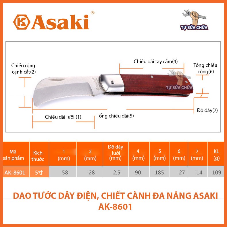 Dao tuốt dây điện, dao chiết cành lưỡi cong, lưỡi thẳng 5" đa năng chính hãng Asaki AK-8600, AK-8601