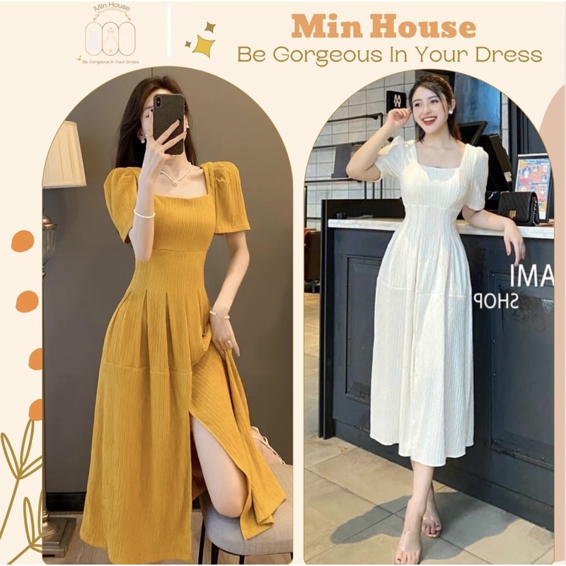 Đầm trắng cổ vuông dự tiệc tiểu thư dáng dài sẻ tà siêu xinh-hàng cao cấp-váy vàng dáng dài sẻ tà thanh lịch sang chảnh