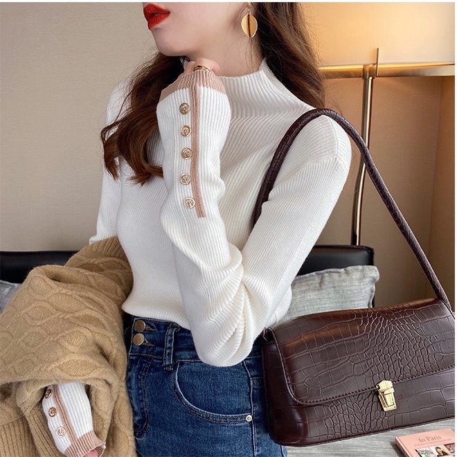 SUXI Áo len cổ cao màu sắc đơn giản cho nữ