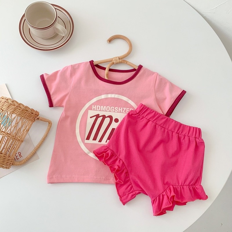Set Đồ Mùa Hè 2 Món Gồm Áo Cotton Tay Cộc In Chữ + Quần Ngắn Viền Ren Thời Trang Hàn Quốc Cho Bé Gái 1-3 Tuổi