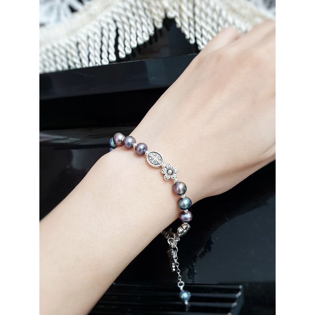 Vòng mân côi Black Fresh Pearl đính charm thánh giá đơn giản thiết kế handmade, phụ kiện quà tặng Công Giáo