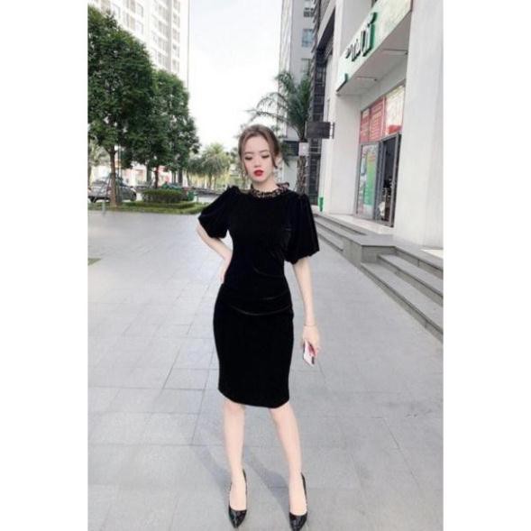 Váy nhung nhám cổ đá tay bồng