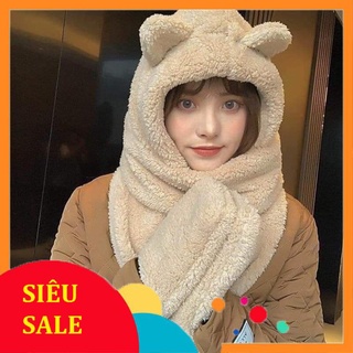 Mũ lông cừu tai gấu liền khăn quàng cổ có bao tay đeo xịn sò
