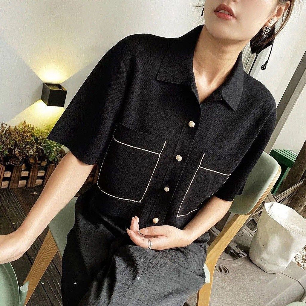 Fashion white age reducing short sleeve T-shirt women's knitwear simple loose casual thin Lapel top thin cardigan jacket