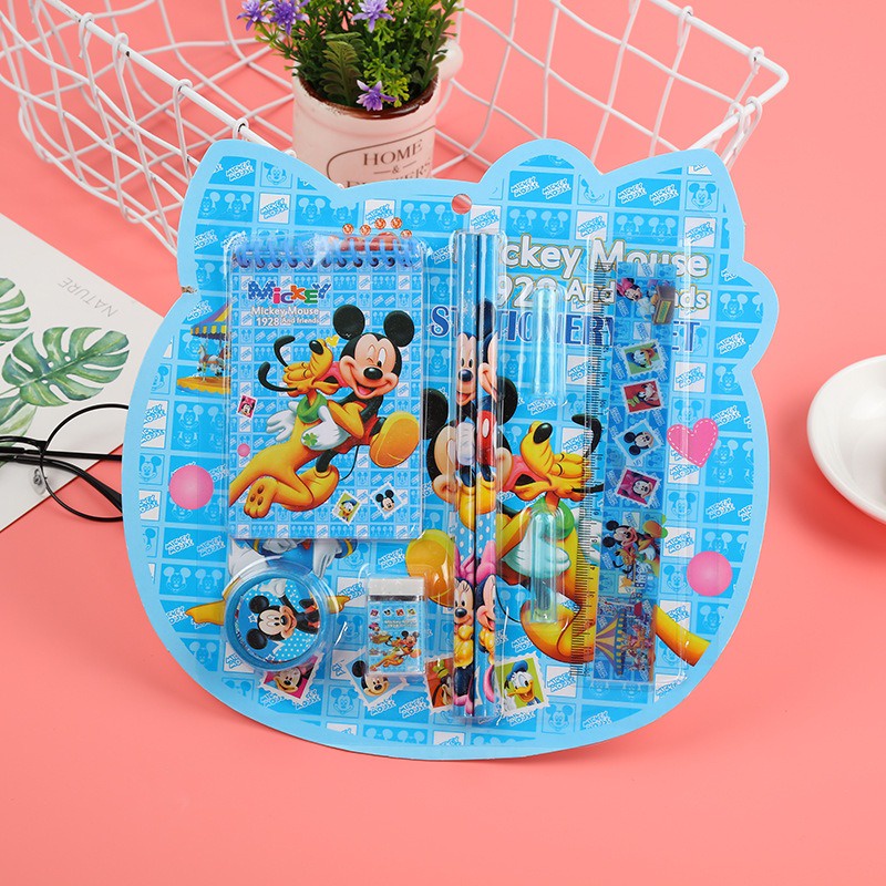 🌸Bộ Bút chì, thước kẻ, gọt bút, tẩy chì,sổ ghi chú xinh xắn hình dáng người nhện doremon mickey elsa cho bé