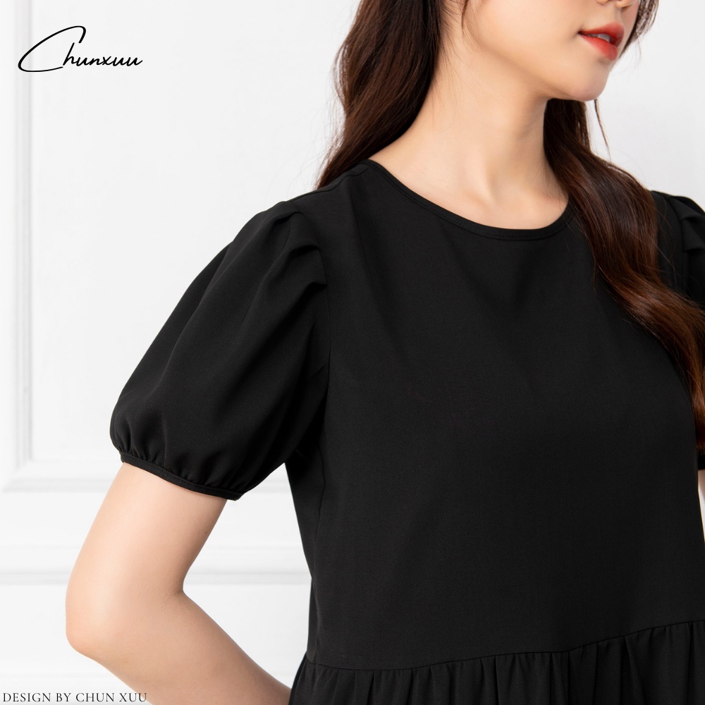 Váy babydoll dáng dài tay bồng tiểu thư, đầm suông thiết kế thắt nơ lưng trẻ trung ChunXuu V01
