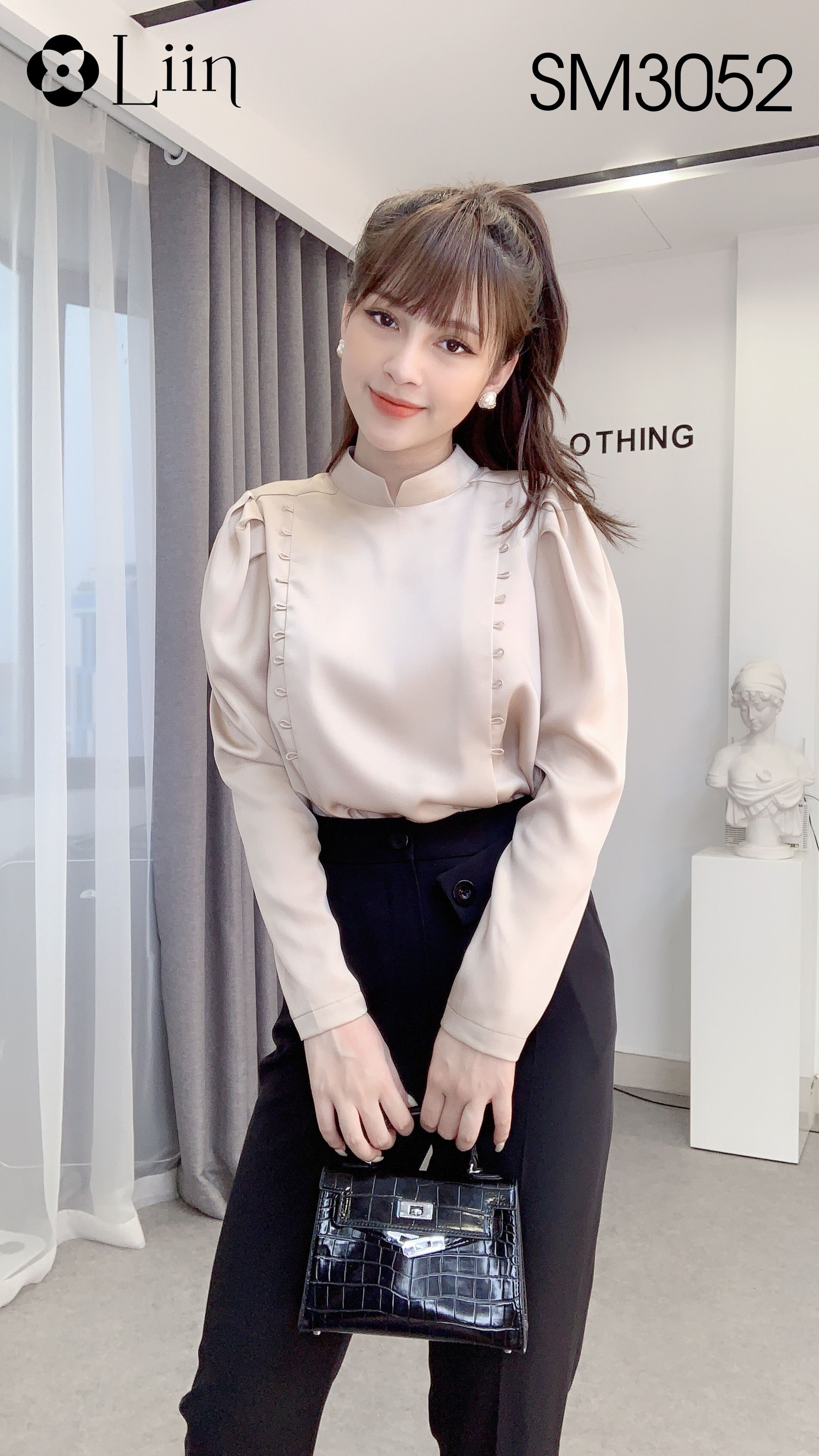 Áo kiểu nữ dài tay đính 2 Hàng Cúc cách điệu cổ tròn Liin Clothing SM3052