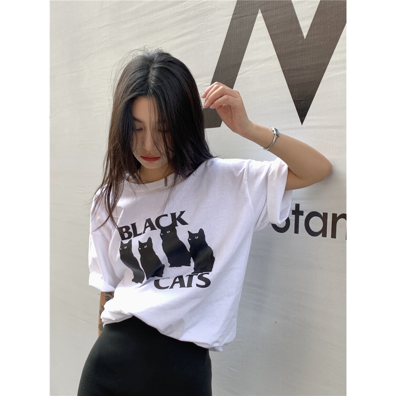 Áo Thun Cotton Trơn Cổ Tròn In Hình Mèo Dễ Phối Đồ 49911