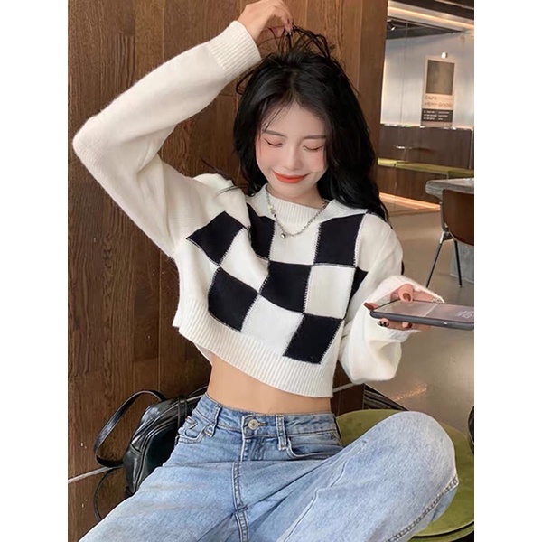 Áo Croptop Tay Dài Cổ Tròn Dáng Rộng Họa Tiết Kẻ Sọc Thời Trang Cho Nữ