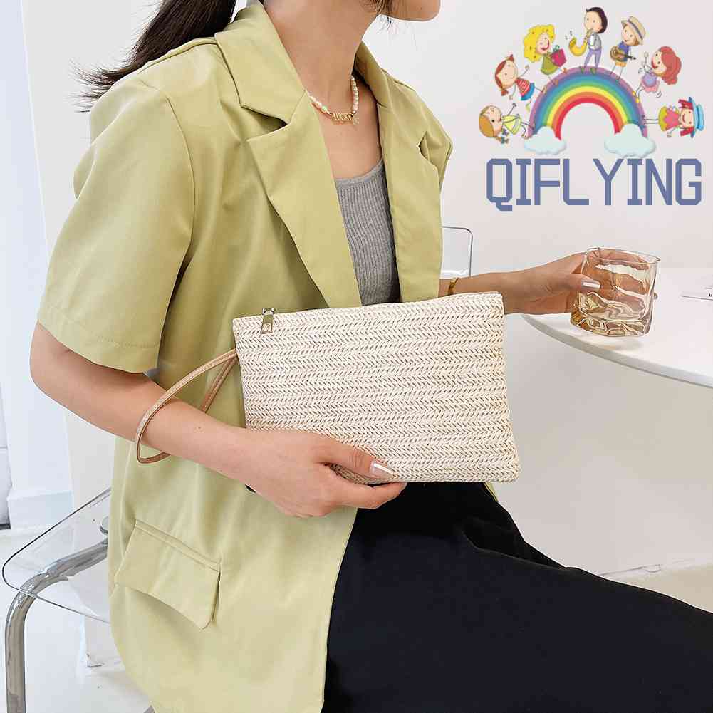 Qifly Túi Xách Đeo Cổ Tay Đan Lát Thời Trang Đi Biển Mùa Hè Nhỏ Dành Cho Nữ