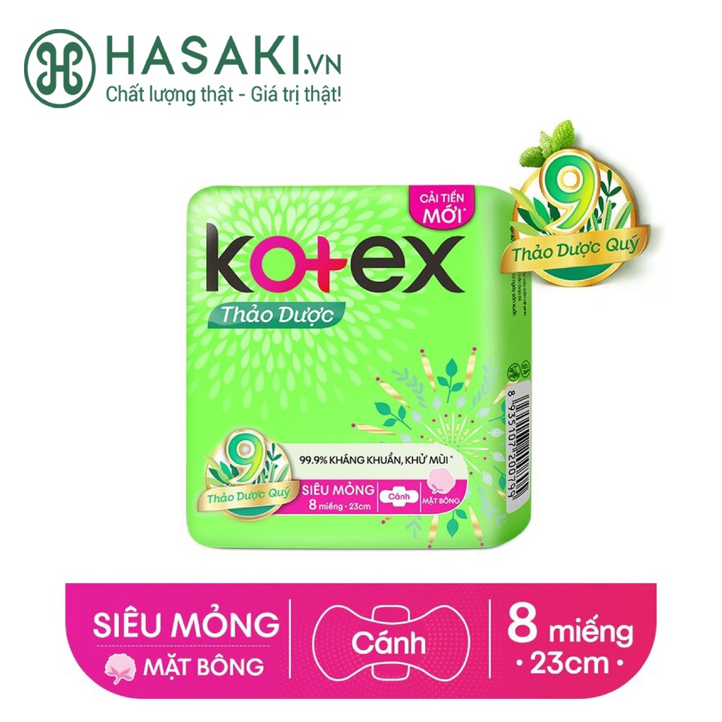 Băng Vệ Sinh Kotex Thảo Dược Siêu Mỏng Cánh8 Miếng Herbal 23cm