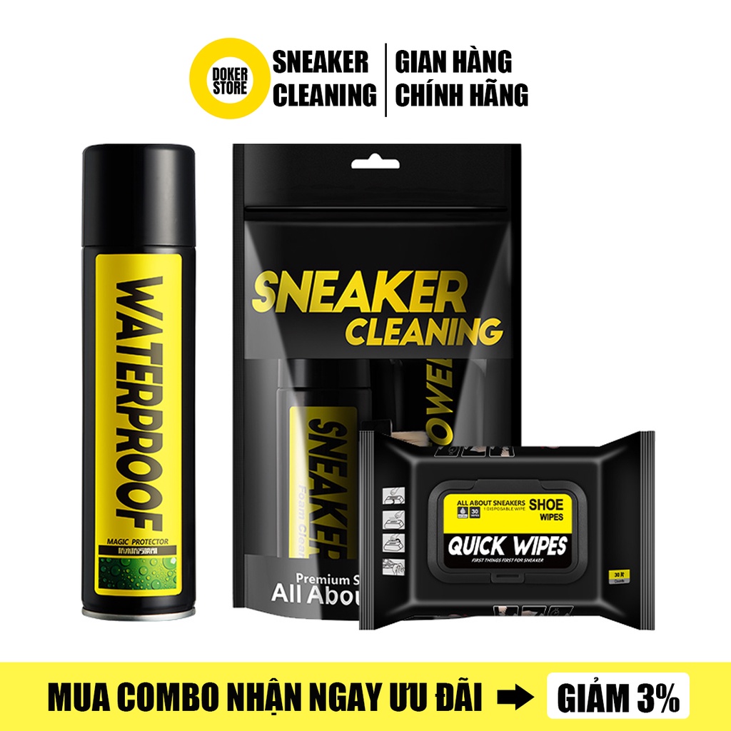 Combo Bộ kit vệ sinh giày Sneaker Cleaning 150ml xịt chống nước Waterproof 300ml và 30 khăn lau giày Quick Wipes