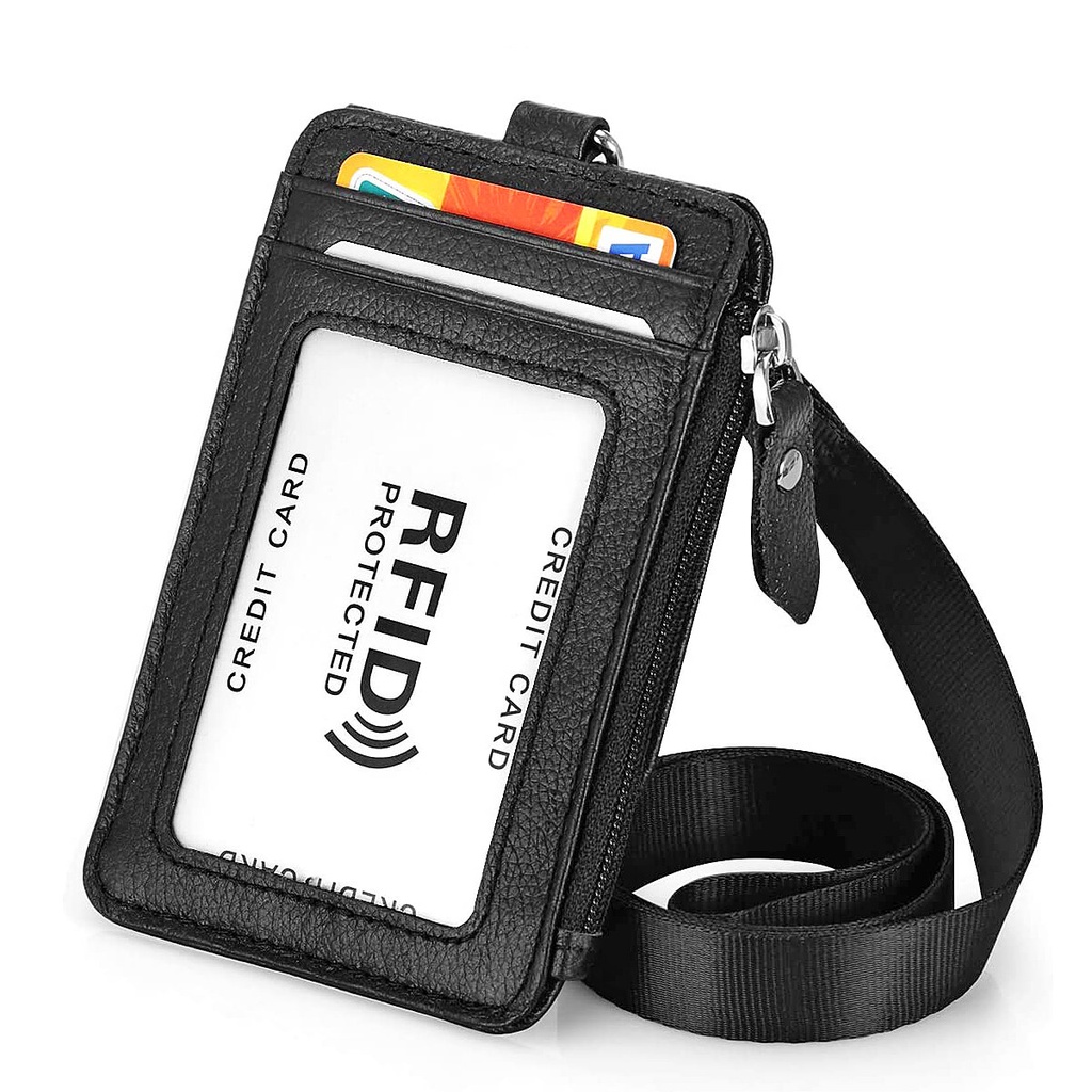 Dây Đeo Cổ Bằng Da Thật Màu Đen Có Khóa Kéo Kèm Móc Xoay Dùng Đựng Thẻ/ Card/ Coin/ Màu Đen Tiện Dụng